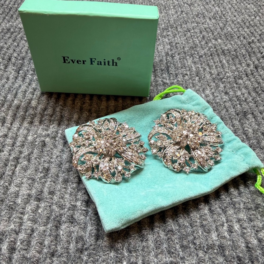 Ever Faith Austrian Crystal Silver Tone Flower Brooch Pin Set of 2‎ With Box